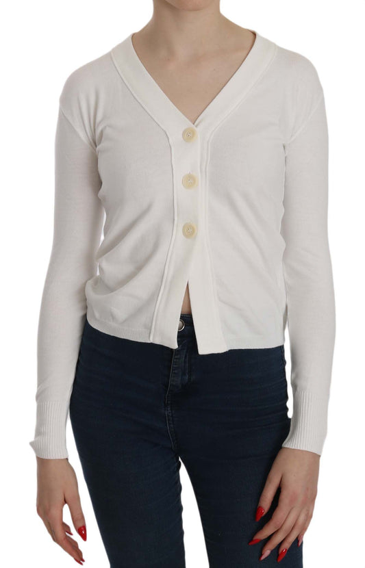 Elegant White V-Neck Cropped Cardigan Blouse - Virtus & Savoir