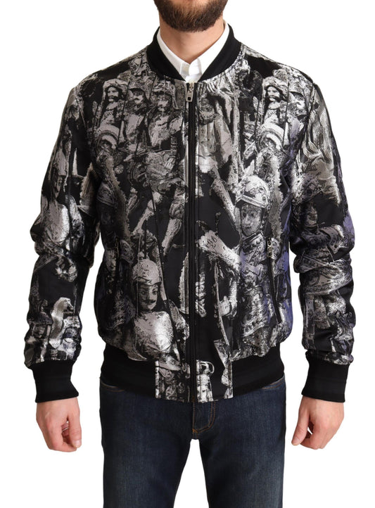Elegant Black Bomber Jacket with Silver Details - Virtus & Savoir