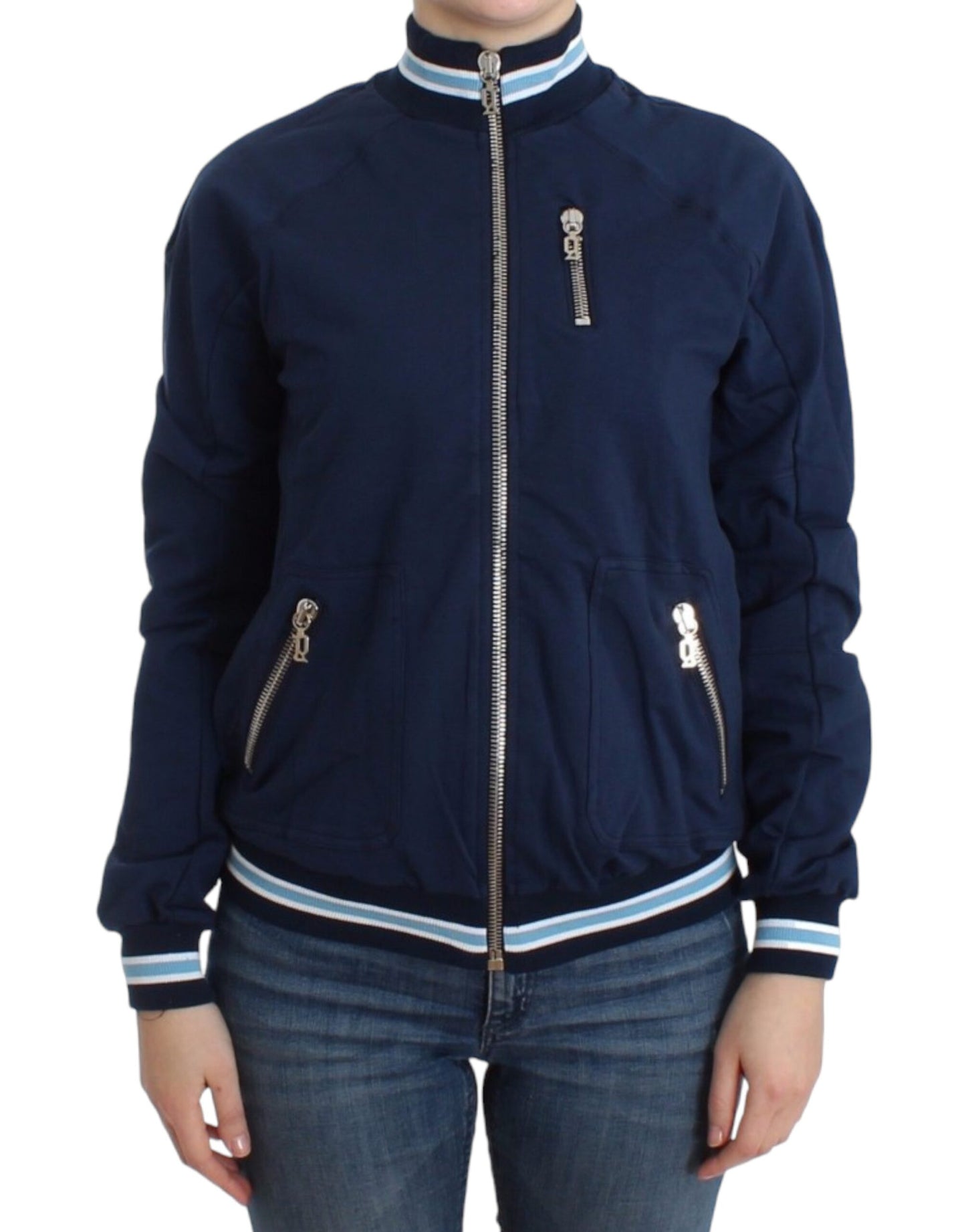 Chic Blue Zip Cardigan with Logo Detail - Virtus & Savoir
