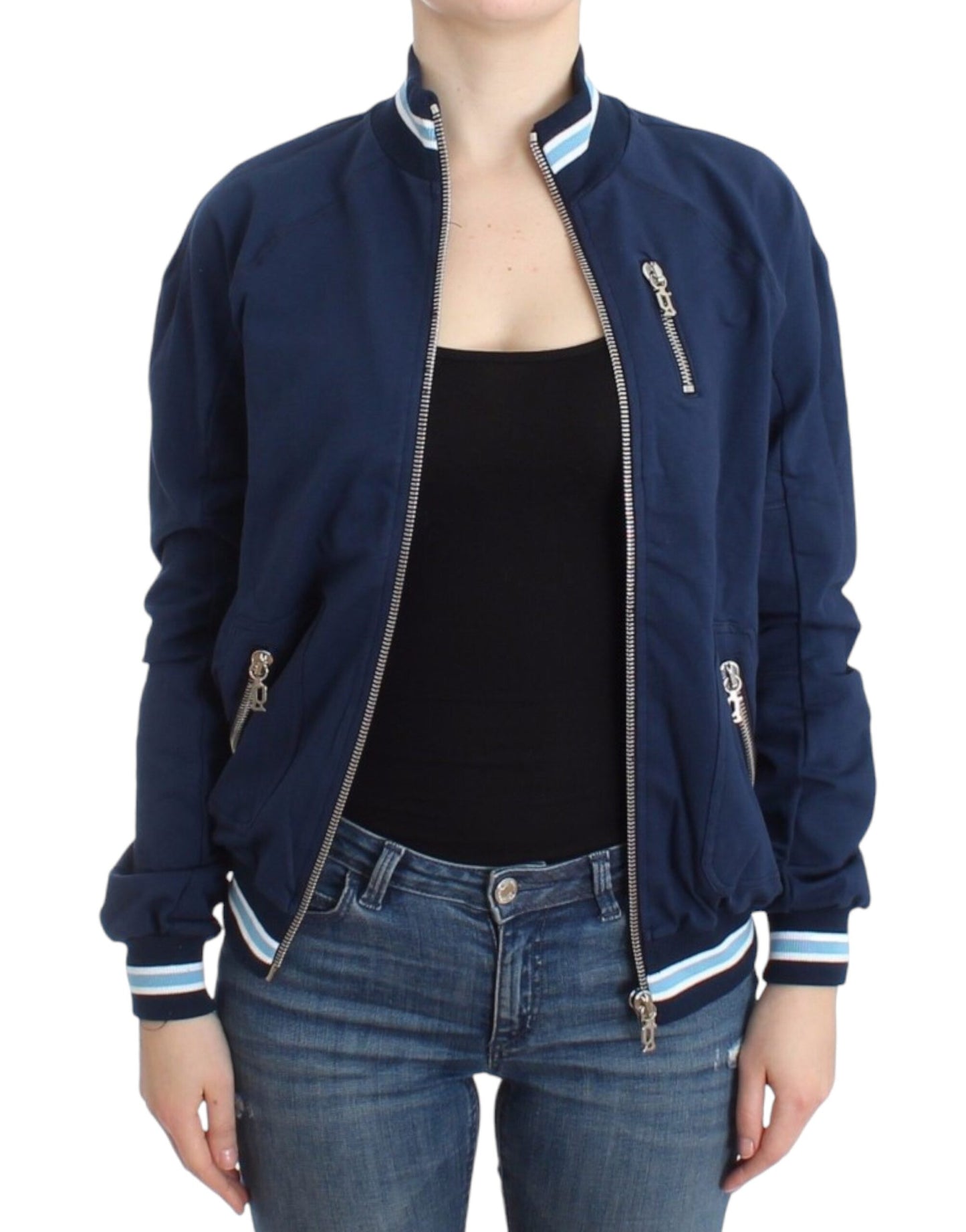 Chic Blue Zip Cardigan with Logo Detail - Virtus & Savoir