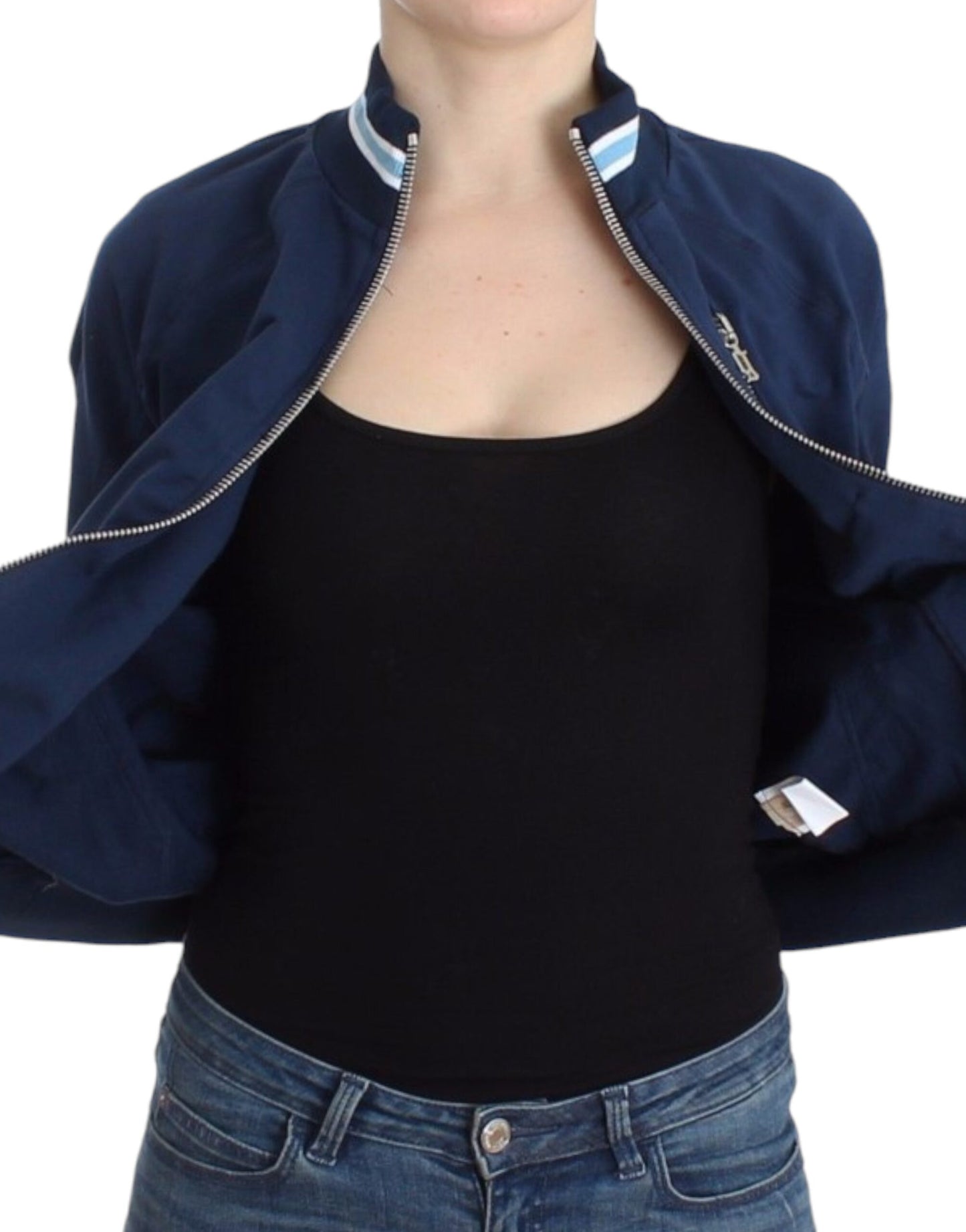 Chic Blue Zip Cardigan with Logo Detail - Virtus & Savoir